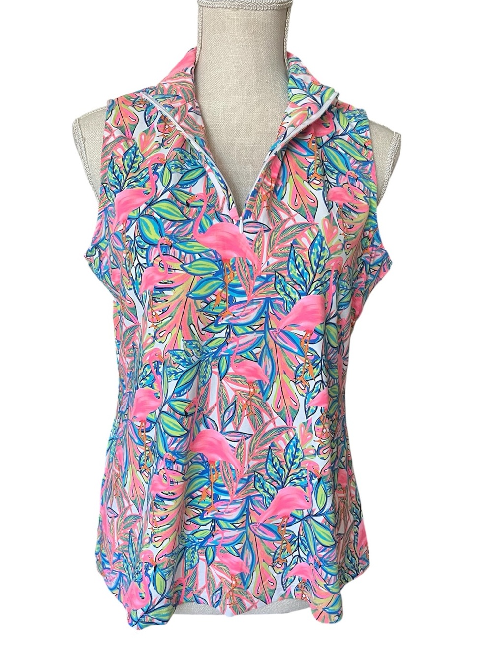 Lulu B  Sleeveless Top Flamingo Tropical  Resort Golf Coastal Athletic Tank Sz M